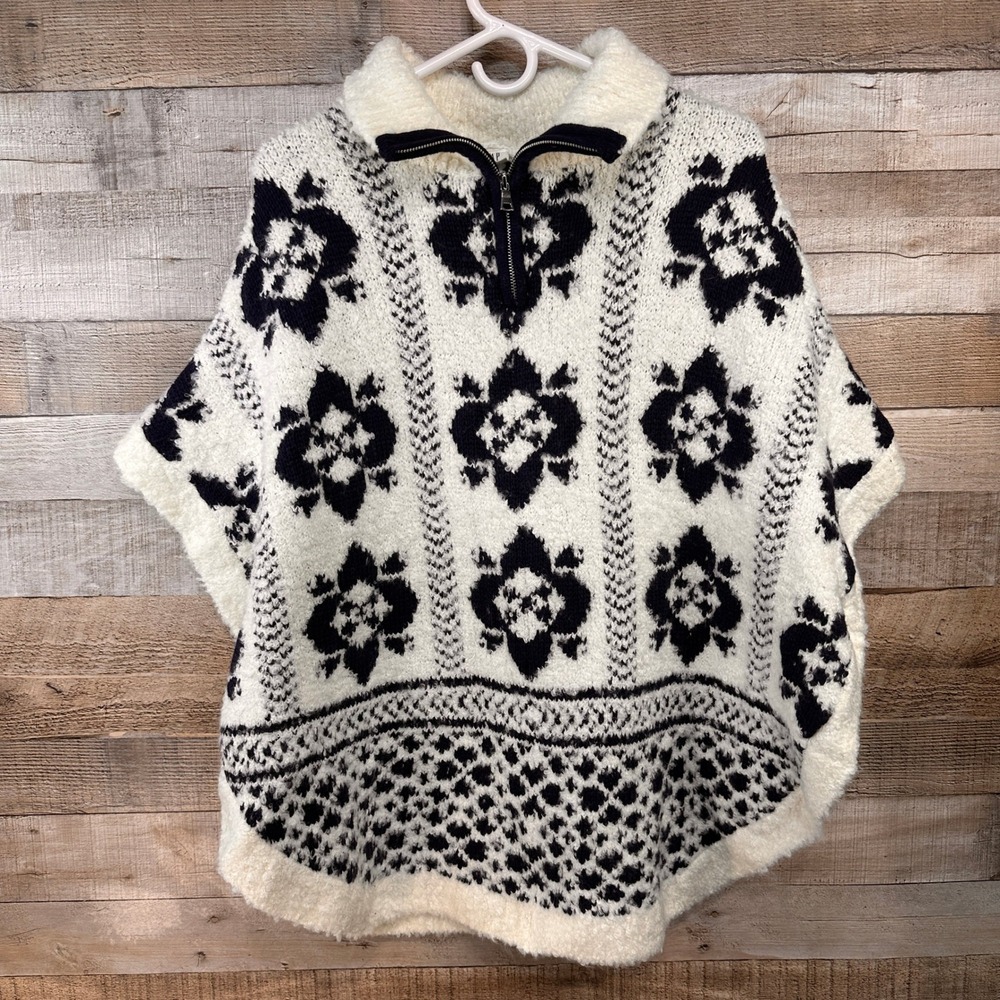 Gap Womens Navy Cream Floral Intarsia Quarter Zip Poncho Sweater XS/S